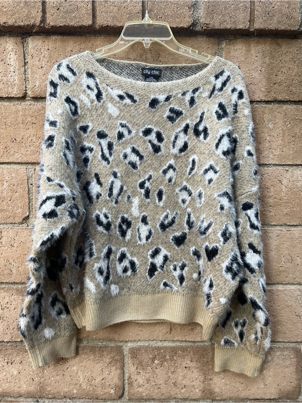 City Chic Beige Leopard-Print Fuzzy Crew Sweater